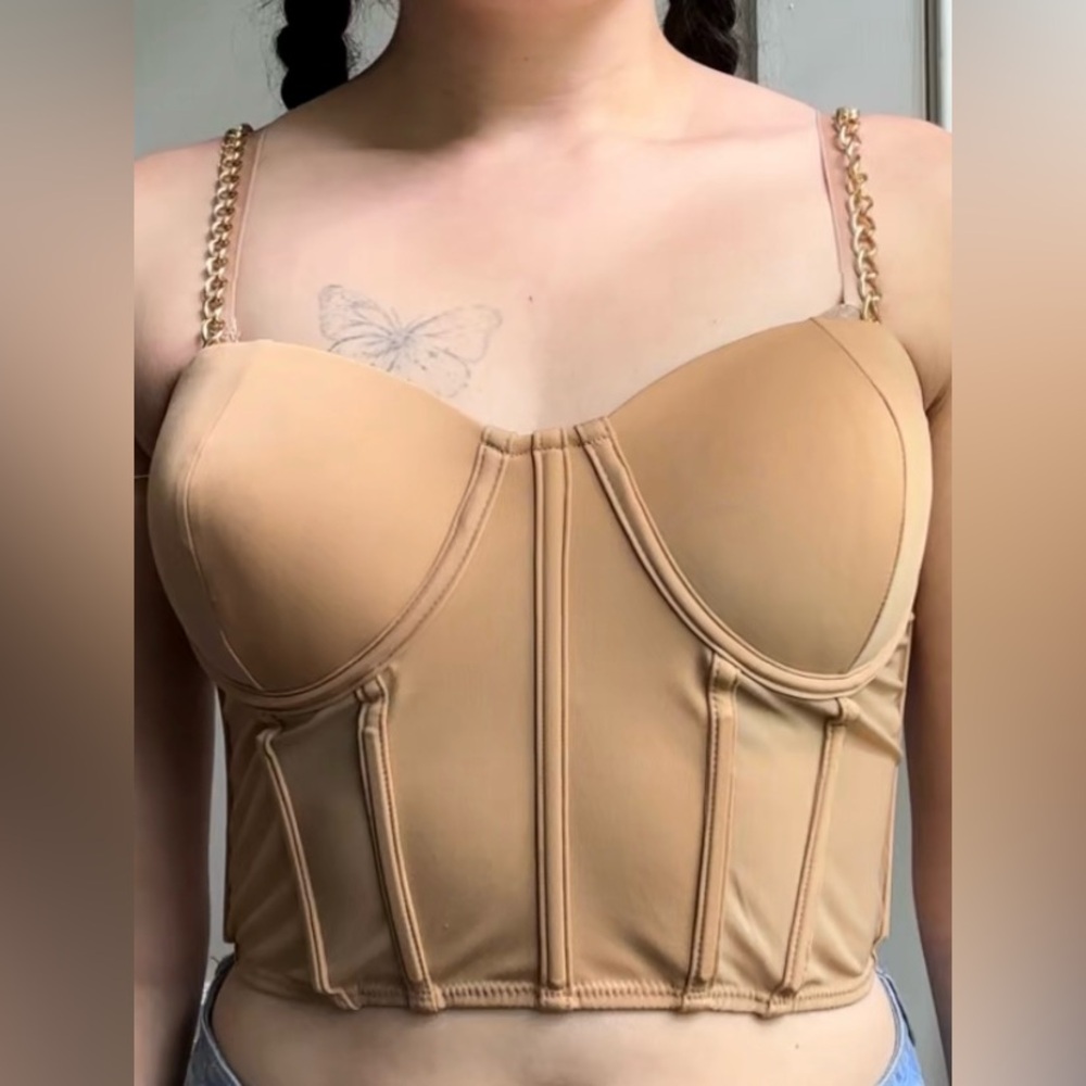 Beige zip up corset crop top